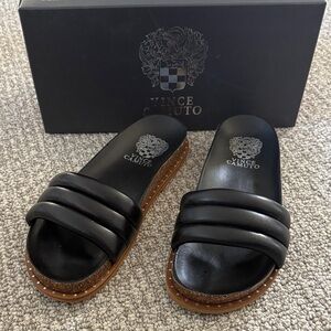 New Vince Camuto Kandler Black Slides Sandals Flats Shoes 6